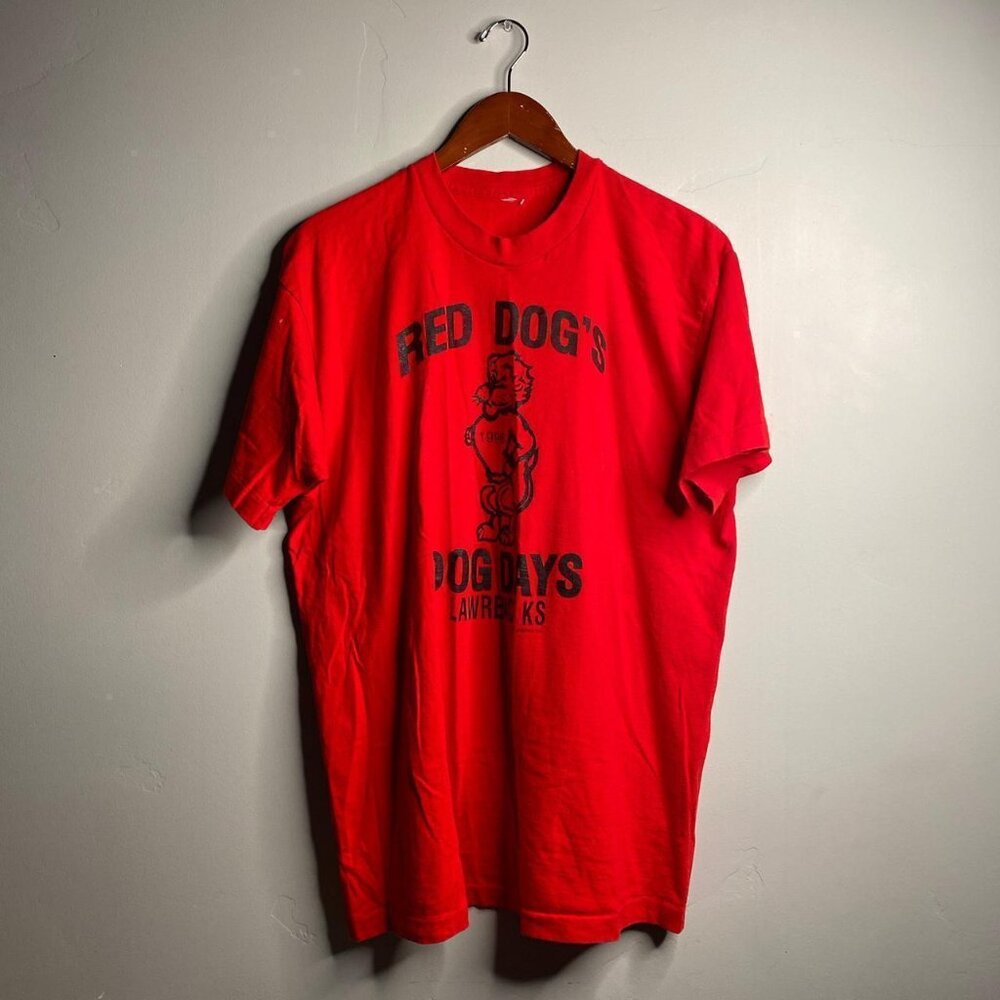 1996 vintage red single stitch tee Lawrence, KS no tag about a size XL